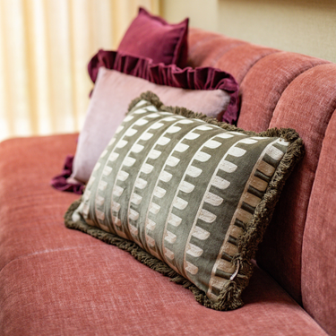 Kotabo decorative cushion green with palisade print and fringes – 30 x 50 cm – Olive Oasis & Butter Beige