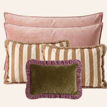 Kotabo sierkussenset Leah – Set van 5 kussens – Pretty in Pink, Bold Beige & Olive Oasis x Plum